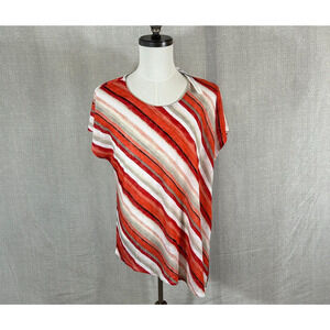Chicos Top Womens XL 3 Red Multi stripe Asymmetrical Hem Short Sleeve Blouse NWT